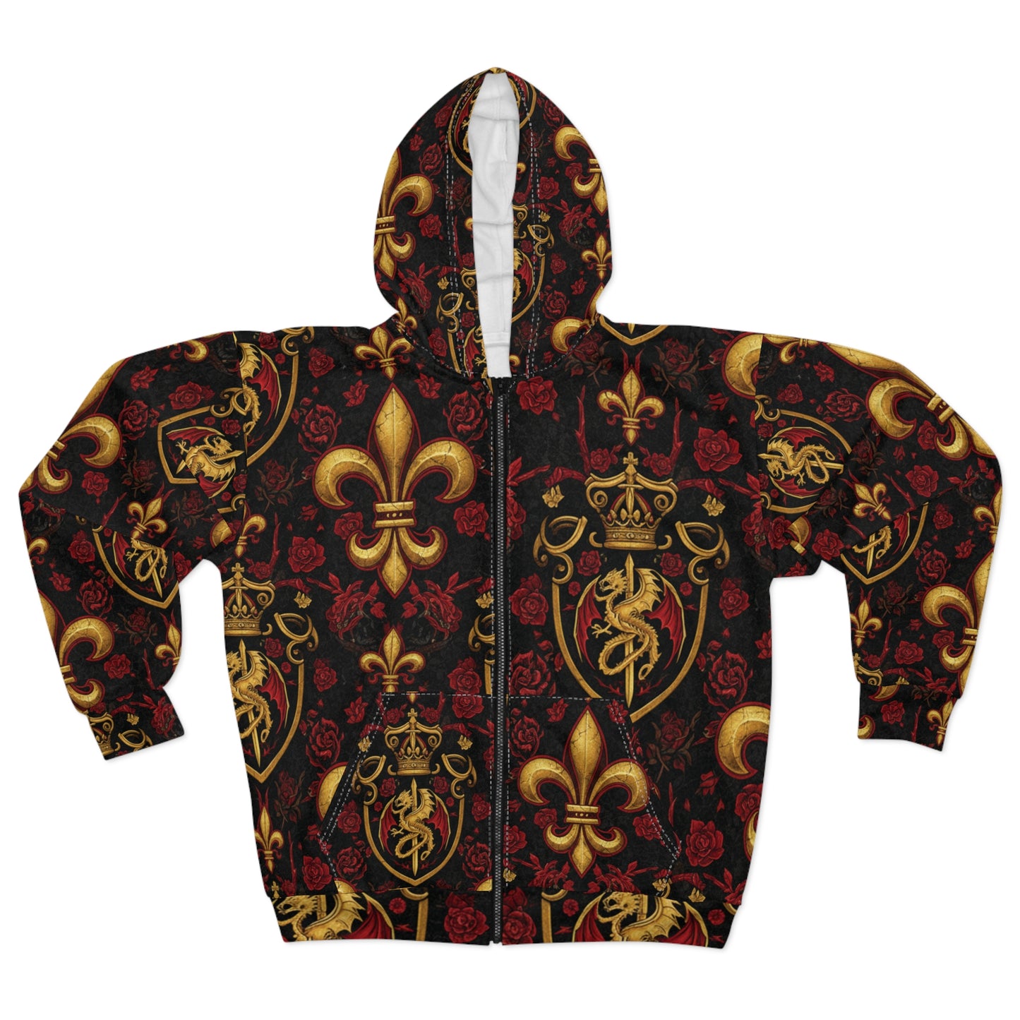 Fleur-de-Lis Baroque Zip Hoodie — Royal Gold & Burgundy All-Over Print
