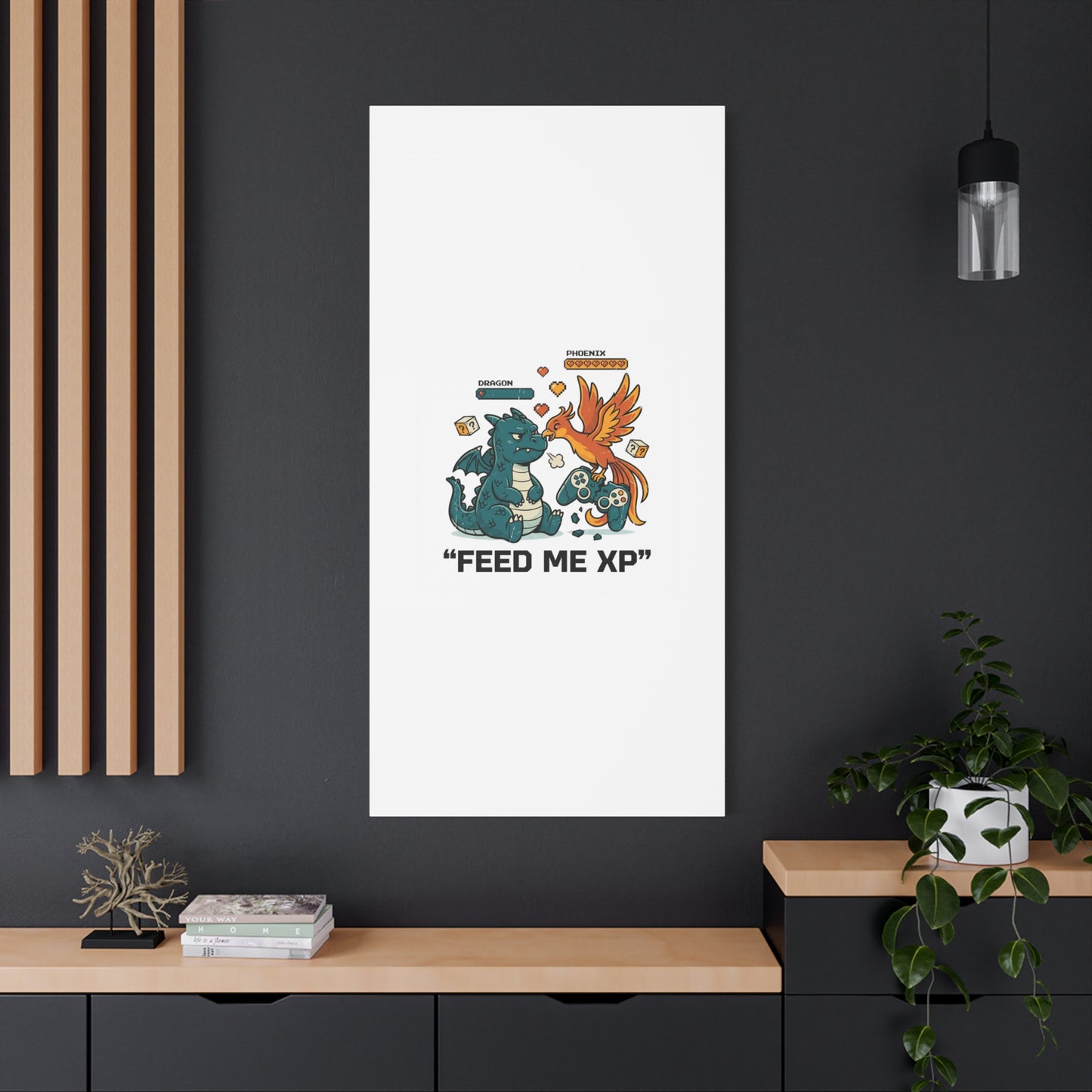 Feed Me XP Canvas | Gamer Dragon Phoenix Wall Art, Neon Meme Skate Style